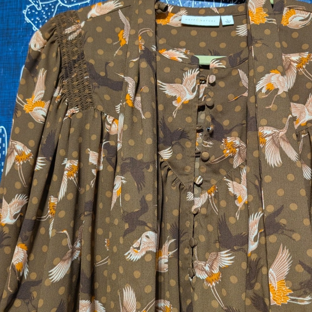 Happy x Nature by Kate Hudson Bird Print Swing Victorian Blouse Brown Large - Picture 6 of 11